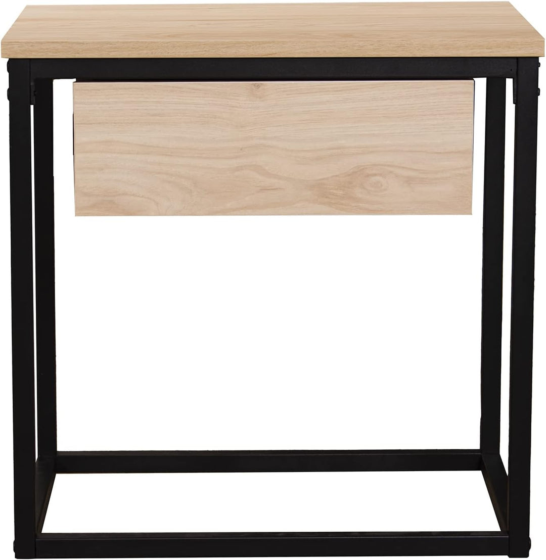 DRW Beistelltisch mit 1 Schublade aus Metall und MDF in Natur und Weiss, 50 x 35 x 50 cm, ESTANDAR