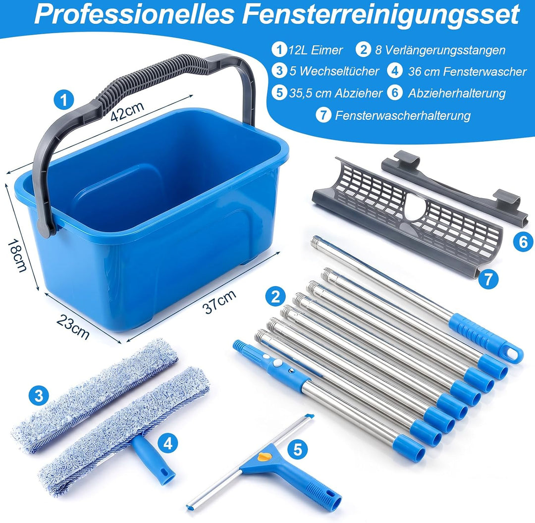 Fensterputzer Set, 3,25m Profi Teleskopstange Fensterreinigung mit Fensterputzeimer 12L, Fensterrein
