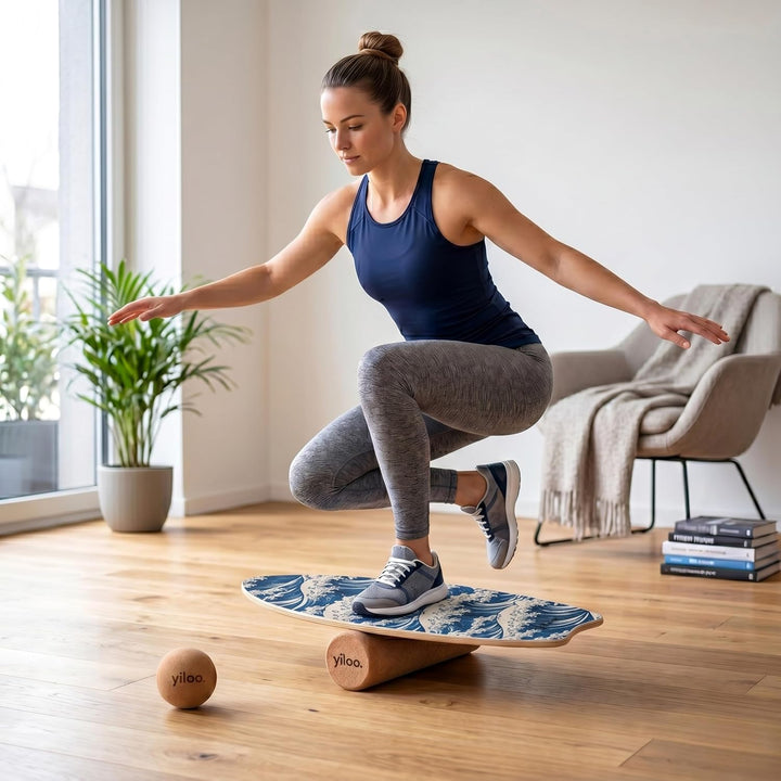 Hawaii Balance Board aus Holz – Gleichgewichtstrainer mit Rolle & Balance Ball – Handgefertigt & rut