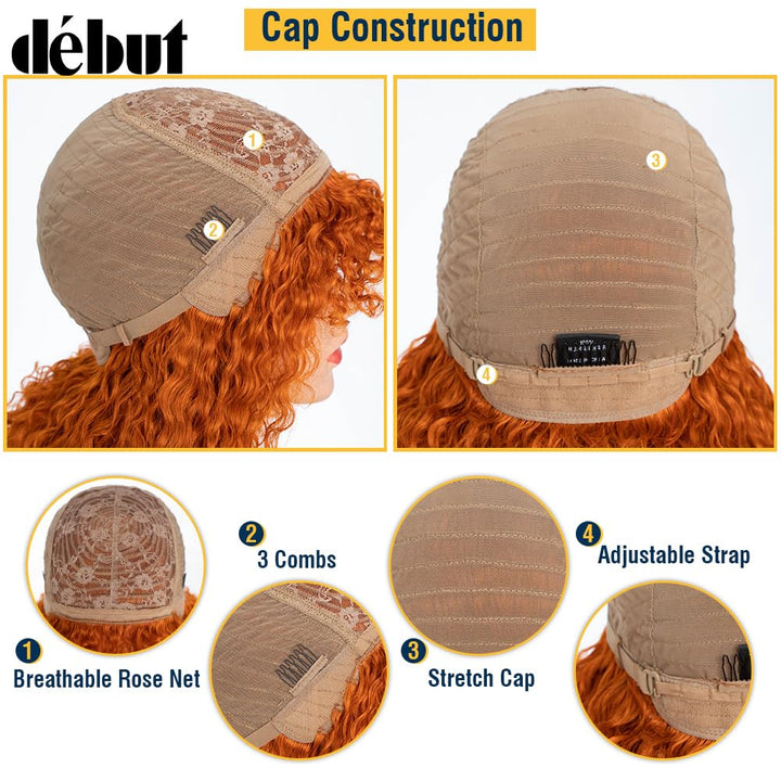 DÉBUT Echthaar Perücke mit Pony Kurze lockige Bob Perücke Echthaar Jerry Curl Bob Perücke für schwar