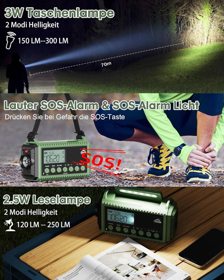 Roxicosly Kurbelradio Notfallradio AM/FM/SW Tragbares Solar Radio mit 12000mAh Akku, LCD Display,Tas