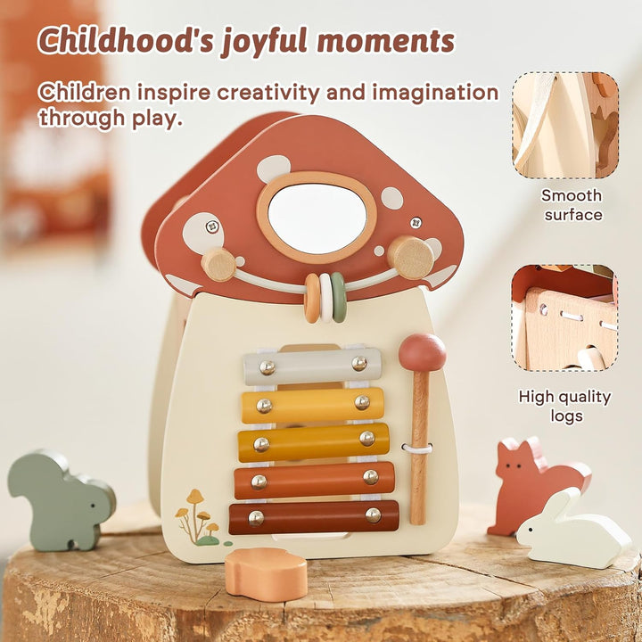 WOODEN TEETHER Montessori Motorikwürfel holzspielzeug Montessori Spielzeug ab 1 Jahr 5 in 1（Rosa Pil