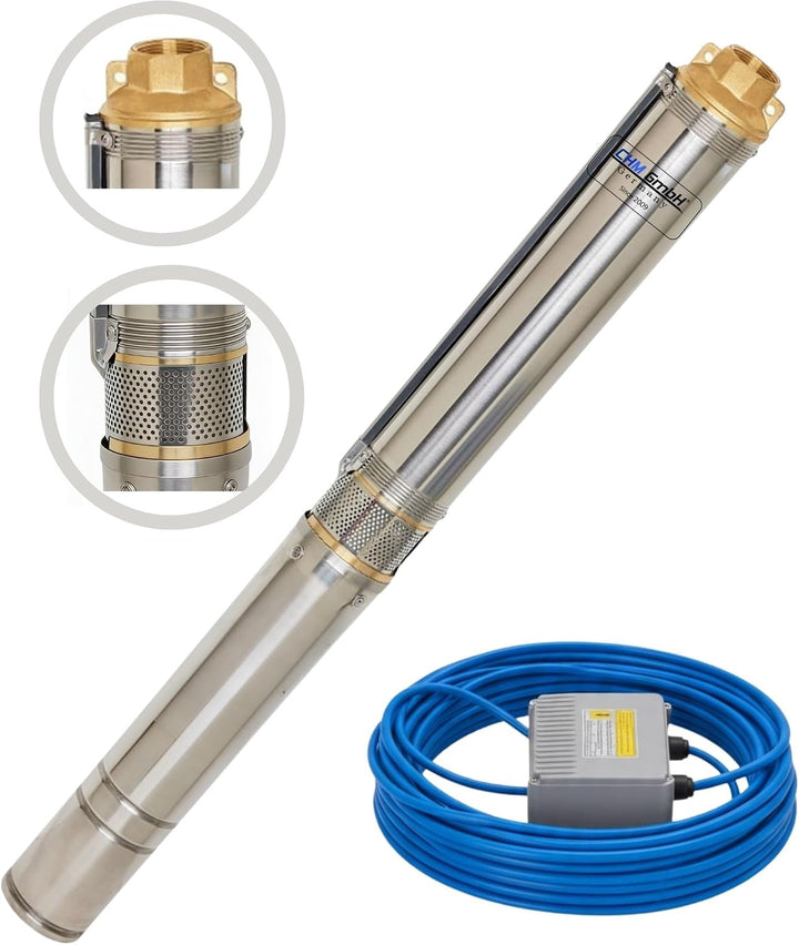 CHM GmbH® Tiefbrunnenpumpe 3 Zoll 550 Watt 3780 l/h 6,1 Bar Druck 20m Kabel u. Motorschutzschalter 5