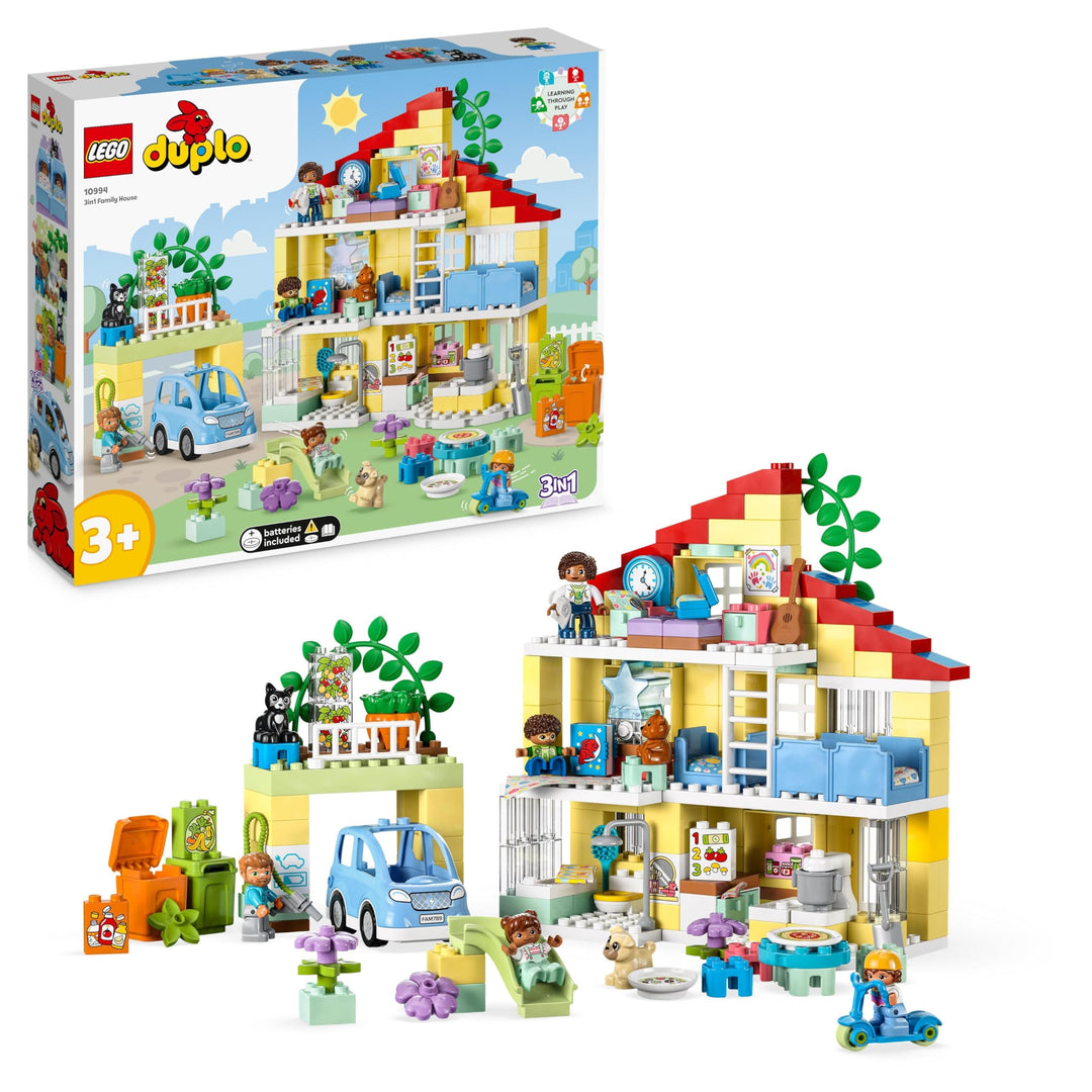 LEGO DUPLO 3-in-1-Familienhaus, Puppenhaus aus Bausteinen mit Push&Go Auto, 5 Figuren, 2 Tieren und