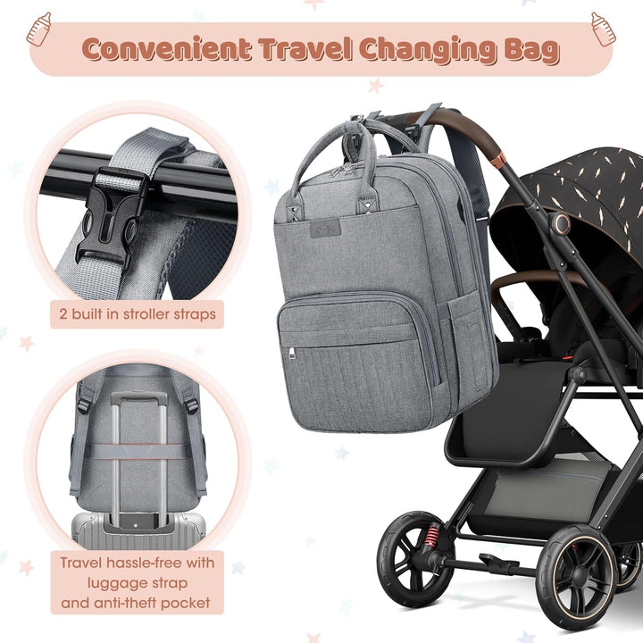 RAINSMORE Baby Wickelrucksack Gross Wickeltasche Rucksack mit Kinderwagengurten und Wickelunterlage