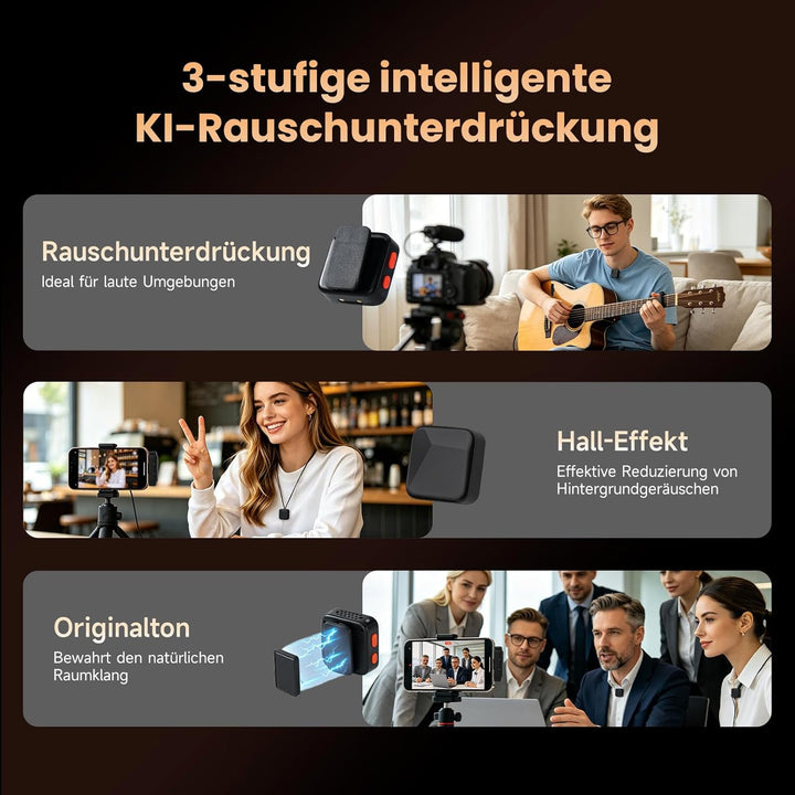 Wireless Lavalier Mikrofon mit Ladecase, 100m Reichweite, KI-Rauschunterdrückung, Clip-On Ansteckmik
