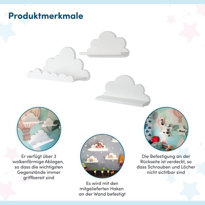 3er Set Wandregal Kinderzimmer Weiss | Babyzimmer Wolkenregal für Bücher, Spielzeug, Dekoration | Re