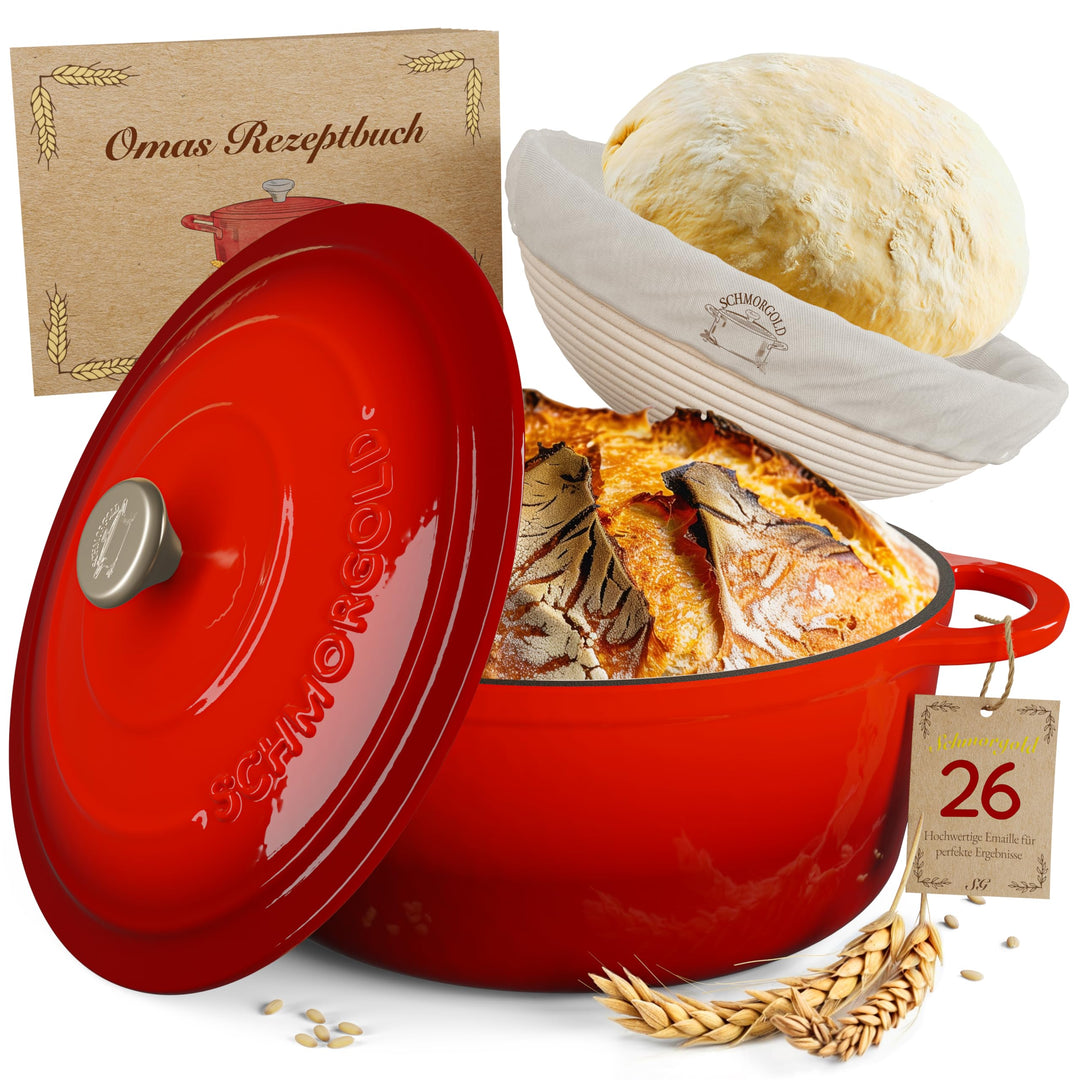 SCHMORGOLD Brotbackform 26cm inkl. Gärkorb - Gusseisen Topf zum Brot Backen - emaille Topf, Schmorto