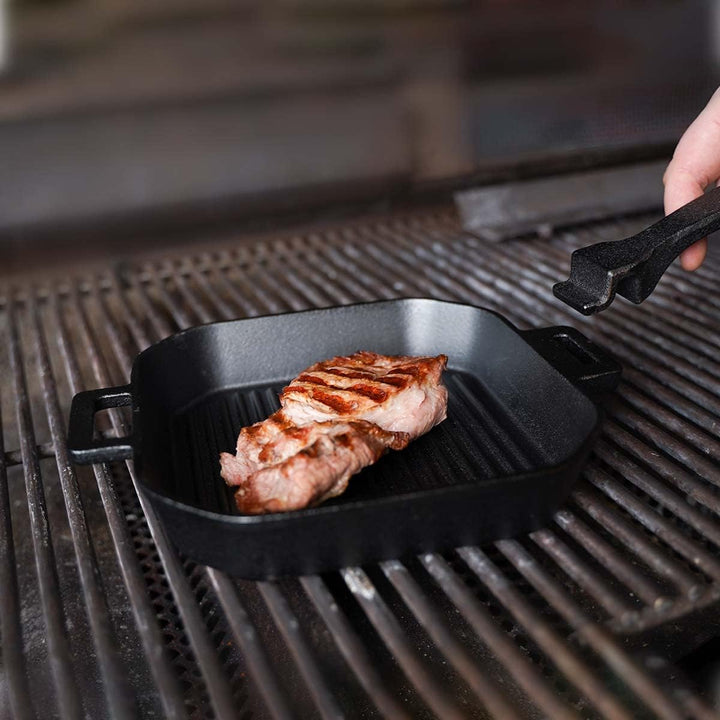 SANTOS Grillpfanne eckig- 20x20cm - Gusseiserne Pfanne mit abnehmbarem Griff - Braten, Grillen - Gus