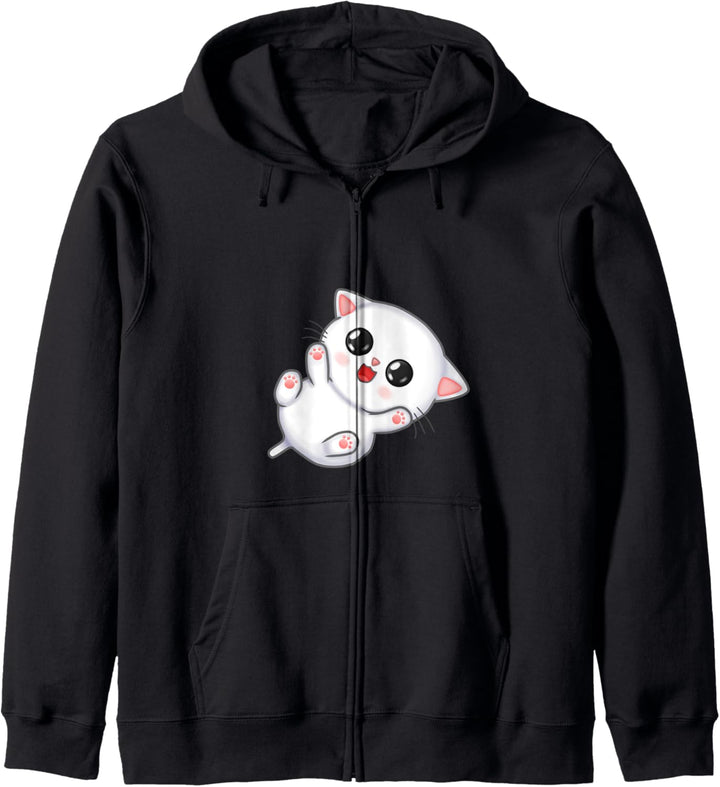 Big Eyed White Chibi Kitty Katze Kapuzenjacke