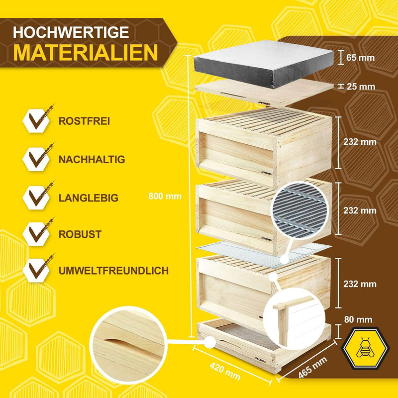 APIFORMES Deutsch Normal Mass (DNM) - Weimutskiefer 10 Waben Beute mit 30 Rächmchen Magazinebeute na