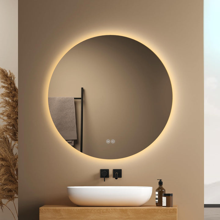 EMKE Runder Badspiegel mit Beleuchtung 70 cm – Spiegel mit 3 Lichtfarben, dimmbar, Touch, Memory-Fun