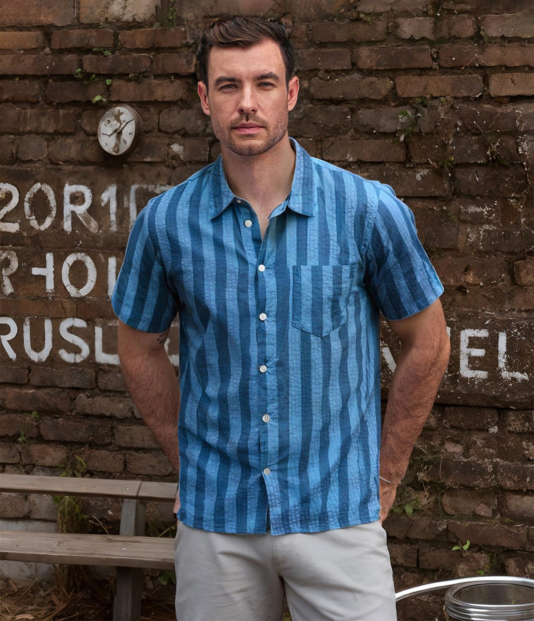 VATPAVE Herren Gestreifte Sommerhemd Casual Button Down Kurzarm Strand HawaiiHemd S Aquablau Schwarz