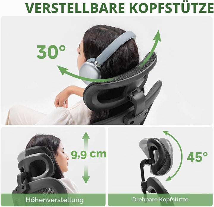GTPLAYER Bürostuhl Ergonomisch, Schreibtischstuhl mit Verstellbarer Kopfstütze, Armlehnen, Lendenwir
