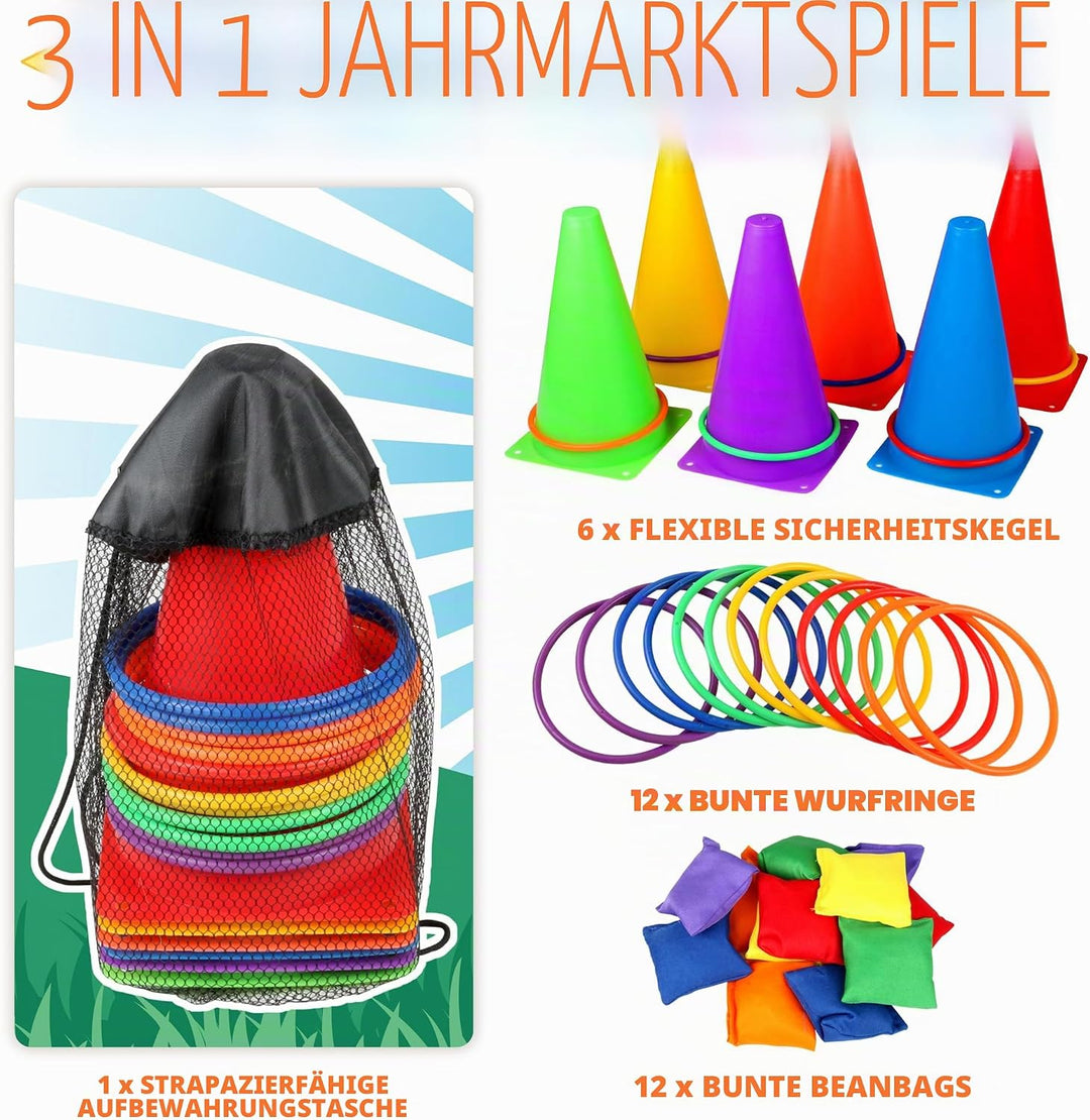 31 Stück Outdoor Spiele für Kinder, 3 in 1 Wurfspiel Kinder Outdoor - Cornhole Säckchen, Pylonen & R