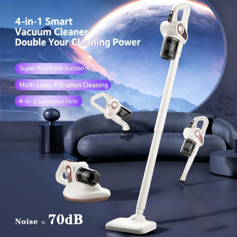 4-in-1 Akku Staubsauger, 45000rpm Kabelloser Stabstaubsauger Kraftvolle Absaugung mit 253nm UV-Lampe