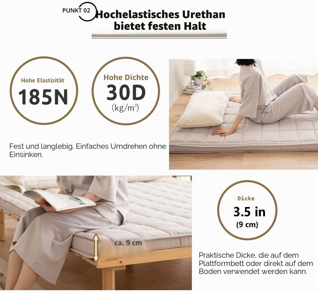 EMOOR Japanische Gepolsterte Futon-Matratze Machi 100 x 202 cm Grau, Zwickel Faltbar Verstaubar Elas