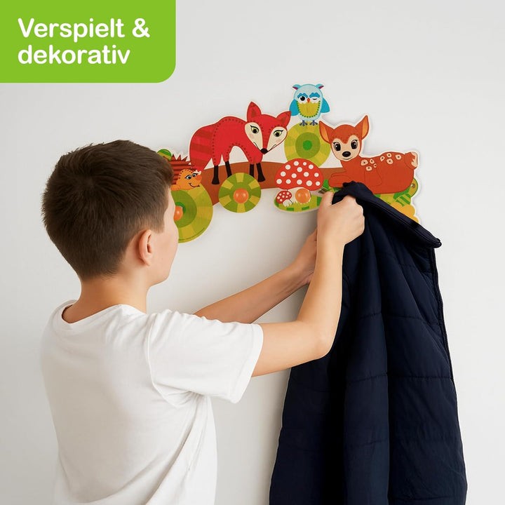 Hess Holzspielzeug 30303 - Garderobe aus Holz, Serie Waldtiere, mit 5 Haken, für Kinder, ca. 37 x 22