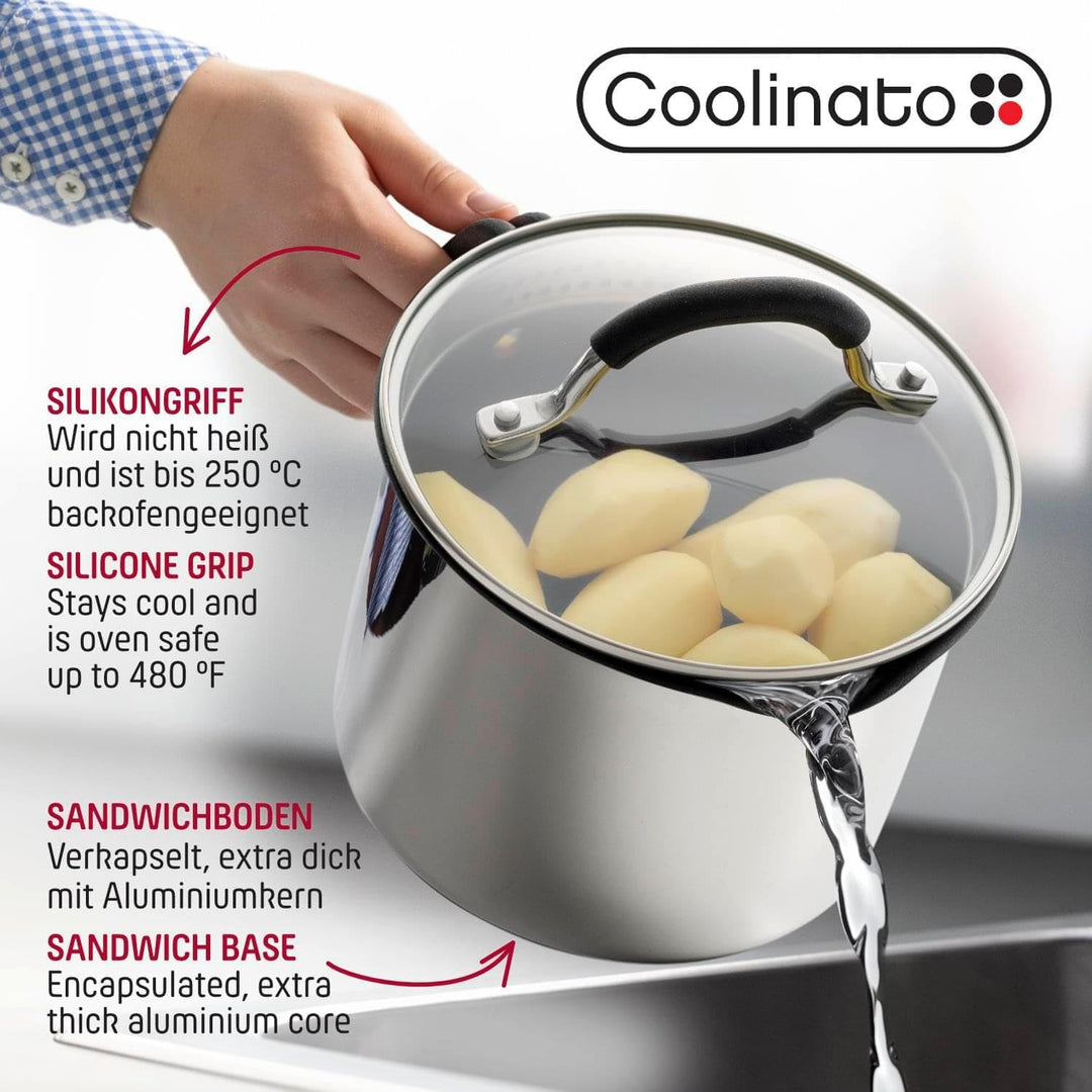 Coolinato - Milchtopf mit Ausgiesser und Glasdeckel I 16 cm, 2,4 Liter I Edelstahl Universaltopf für