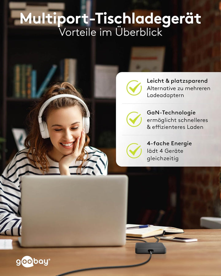 goobay 61772 Multiport 4-Fach USB-C Ladegerät mit 65W Leistung/lädt mehrere Geräte gleichzeitig über