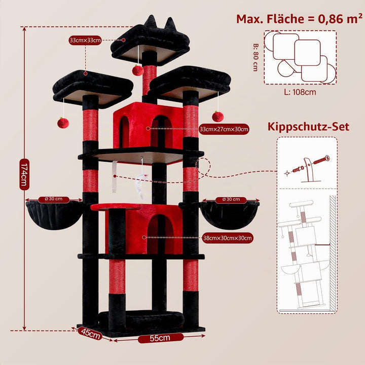 Globlazer Kratzbaum Schwarz Rot Stabil 174 cm mit 3 Gepolsterte Sitzstangen, 2 Katzenhaus, 2 Korb, A