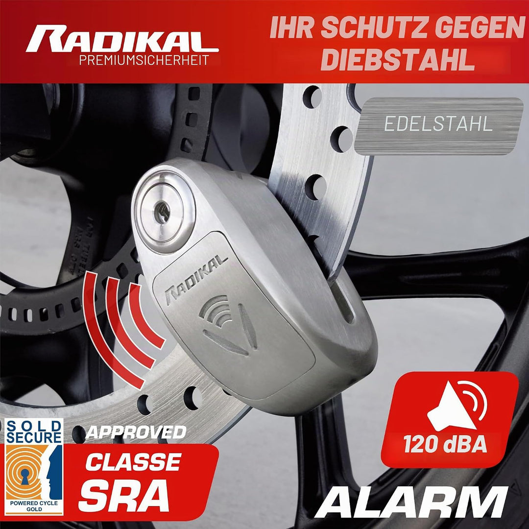Radikal RK910S Motorrad Bremsscheibenschloss mit Alarm 120 dB, mit CLASE SRA Zulassung, Doppelverrie
