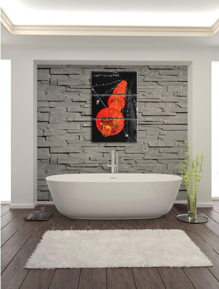 Pixxprint Klassische chinesische Lampions schwarz/weiss 3-Teiler Leinwandbild 120x80 Bild auf Leinwa