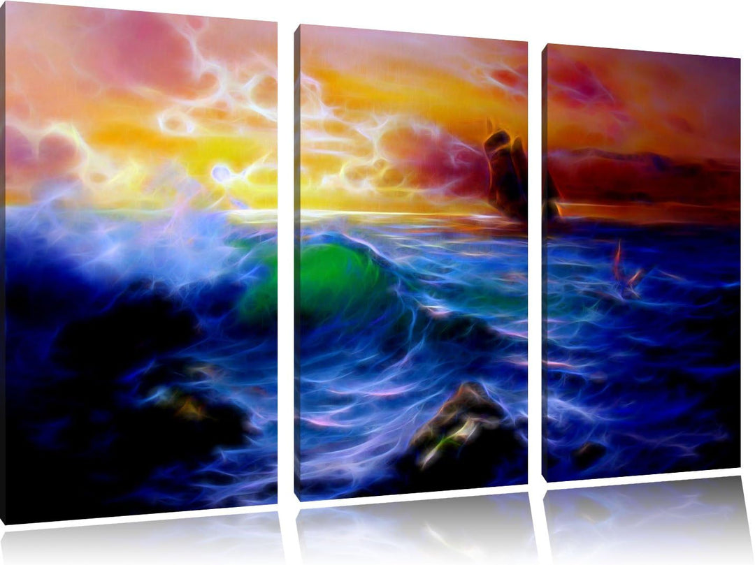 Dark Sturm über dem Meer Kunst Spezial 3-Teiler Leinwandbild 120x80 Bild auf Leinwand, XXL riesige B