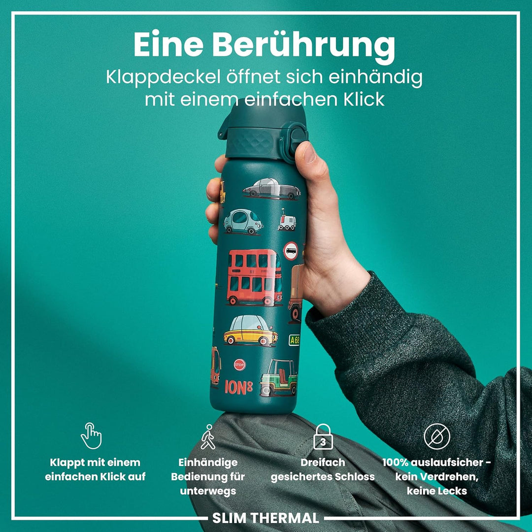 ion8 Vakuumisolierte Edelstahl-Trinkflasche, 500 ml, Auslaufsicher, Einhandöffnung, Sichere Verriege