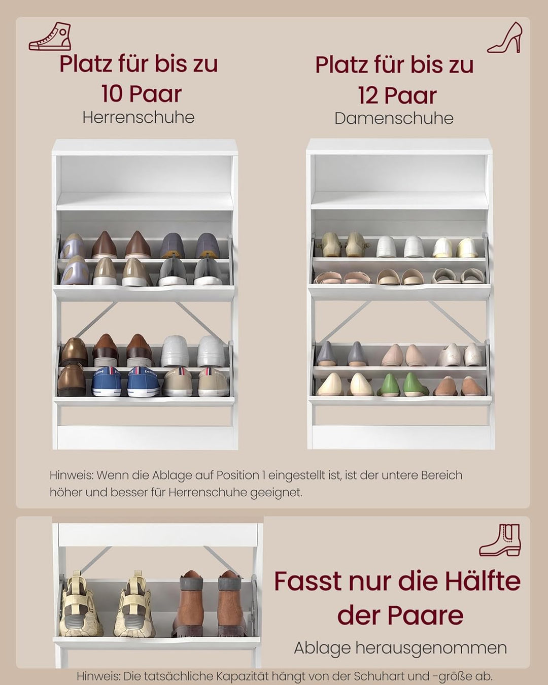 VASAGLE Schuhschrank 2 Klappen, Schuhkipper, Schuhregal, Schuhaufbewahrung, offenes Fach, Trennwand