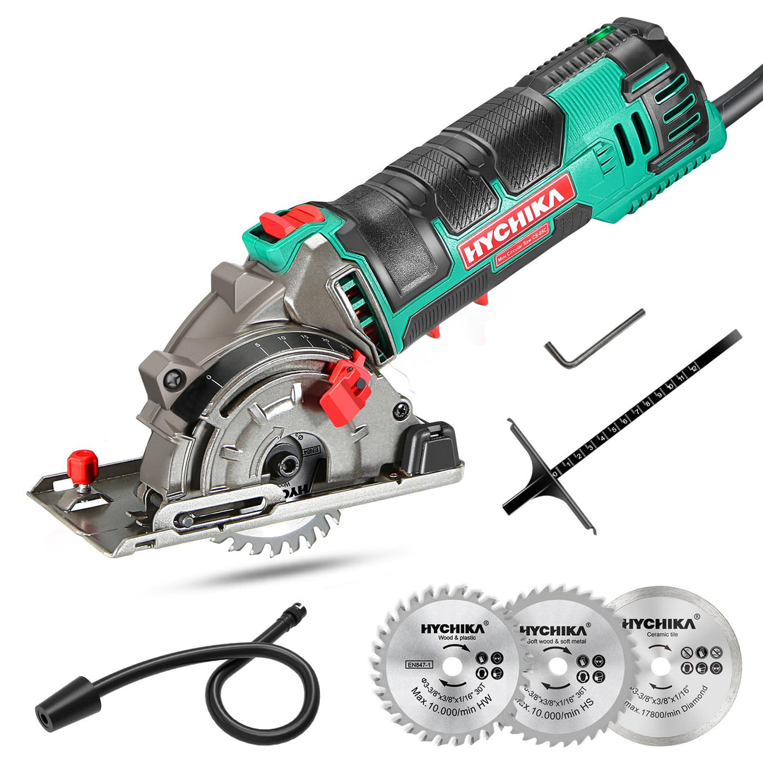 Mini Kreissäge, HYCHIKA Handkreissäge mit 3 Sägeblättern, Laserführung, Skalenlineal, 500W Motor aus