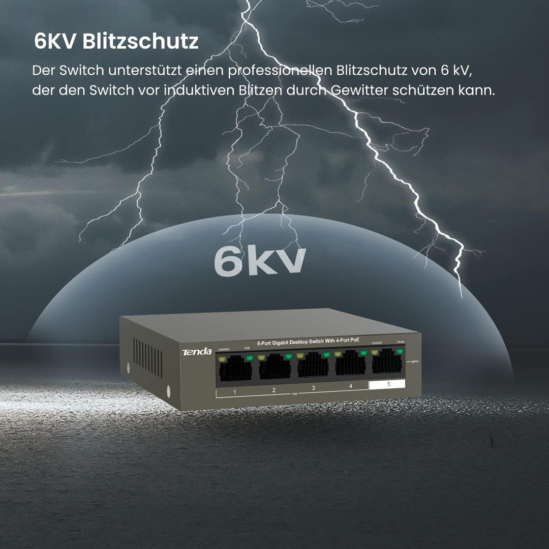 Tenda Gigabit PoE Switch 5 Ports mit 4 PoE+ Ports & 1 Uplink-Port (58W, VLAN, IEEE-802.3af/at PoE, l