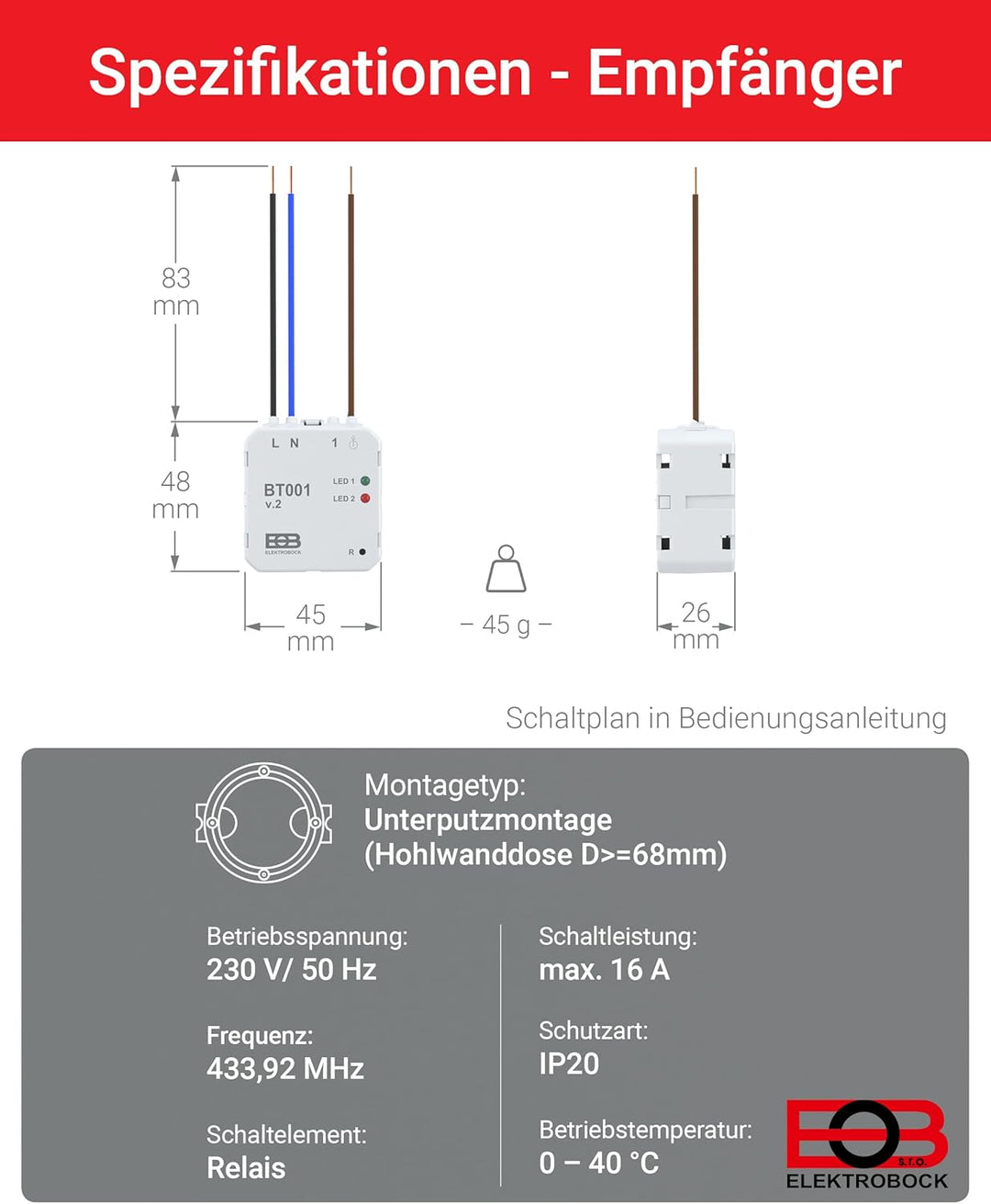 ELEKTROBOCK BT731 Funk-Raumthermostat mit Empfänger - Standfuss - Reichweite bis 35 m - Für elektris