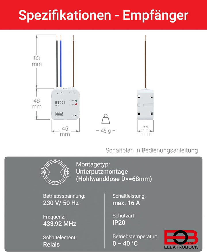 ELEKTROBOCK BT731 Funk-Raumthermostat mit Empfänger - Standfuss - Reichweite bis 35 m - Für elektris