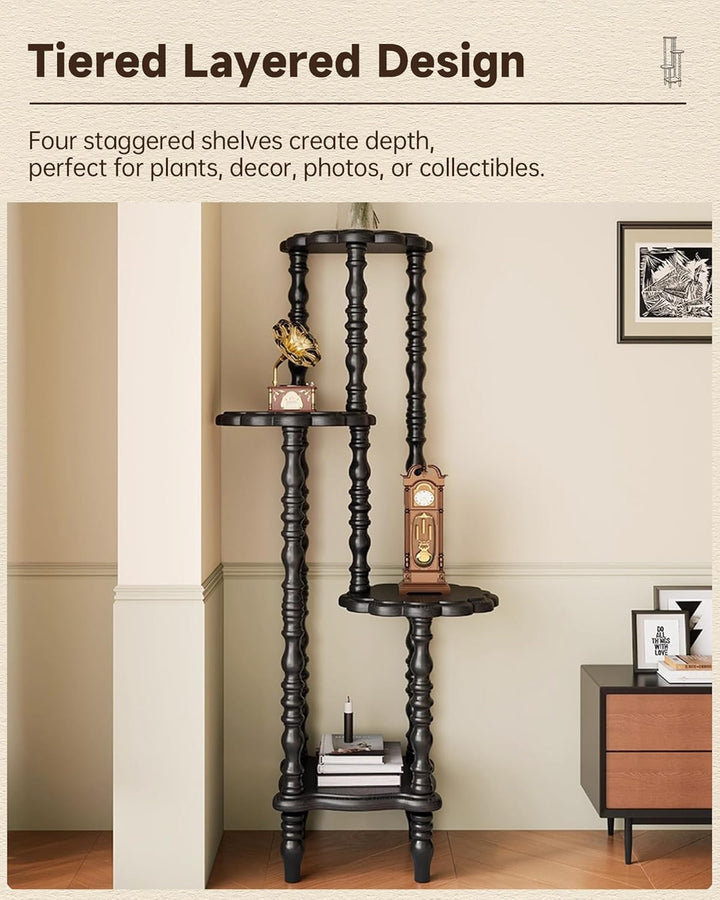 Vintage Eckregal mit 4 Ebenen, Massives Holz Standregal Lagerregal mit Eleganten Spindelbeinen, Büch