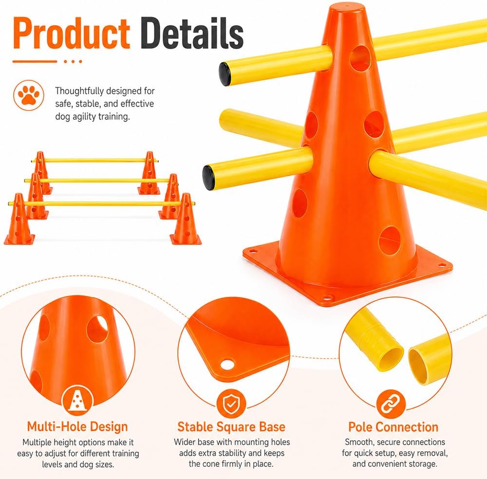 Steckhürdenset, Agility Set Hunde mit 12 Kegel(23cm) + 6 Stangen(1 m), Cavaletti Hund für Koordinati