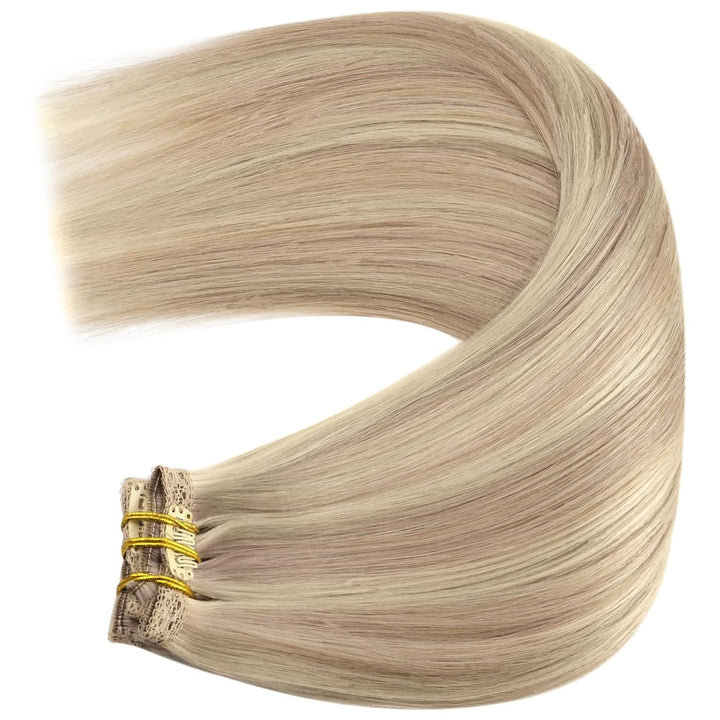 YoungSee Echthaar Extensions Clip Blond Doppelt Tressen Clip in Extensions Echthaar Aschblond mit Pl