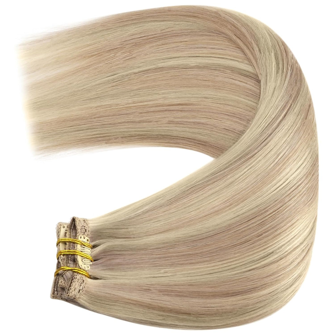 YoungSee Echthaar Extensions Clip Blond Remy Glatt Haar Extensions Clip in Blond Clip in Extensions