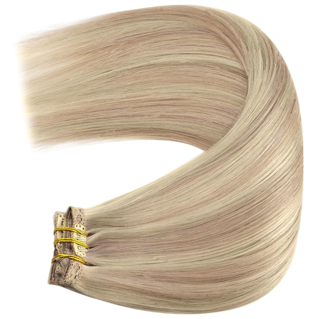 YoungSee Echthaar Extensions Clip Blond 55cm Clip in Haarverlangerung Echthaar Hellblond mit Erdbeer