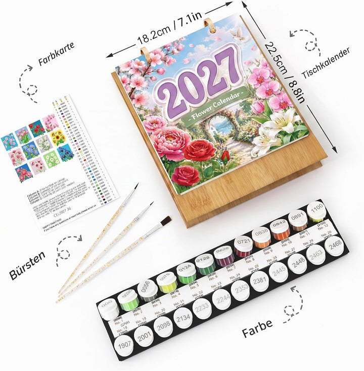 Tischkalender 2027 Malen nach Zahlen DIY Blumen Kalender zum Aufstellen Bastelset für Erwachsene mit