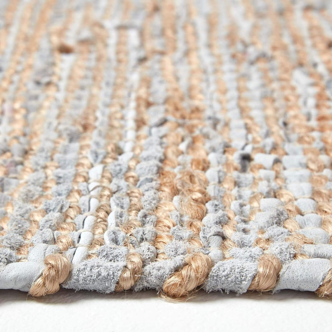 Homescapes Teppichläufer Madras Natur 66x200 cm – handgewebter Teppich aus Hanf & Recycling-Leder, F