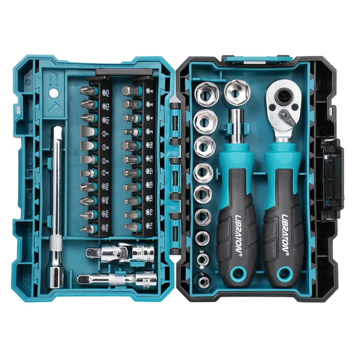LIBRATON 37-tlg. 1/4 Zoll Ratschenkasten Mini Steckschlüsselsatz mit Bits, 4-13mm Stecknuss, Magnet-
