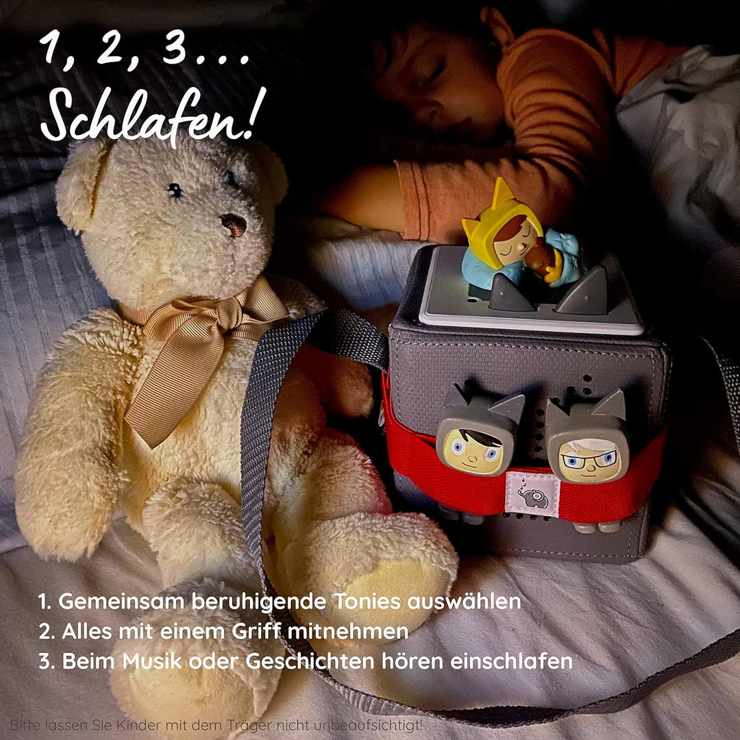 Musikbox-Träger für Tigerbox oder Toniebox und bis zu 8 Figuren | hellblau | Tragegurt mit stabilem