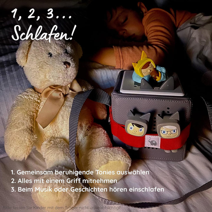 Musikbox-Träger für Tigerbox oder Toniebox und bis zu 8 Figuren | hellblau | Tragegurt mit stabilem
