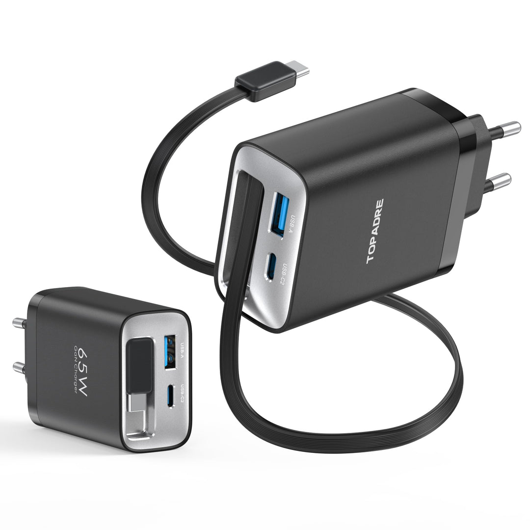 TOPADRE 65W USB C Ladegerät mit 85CM Einziehbares Ladekabel, 3-Port Schnellladegerät USB C Netzteil