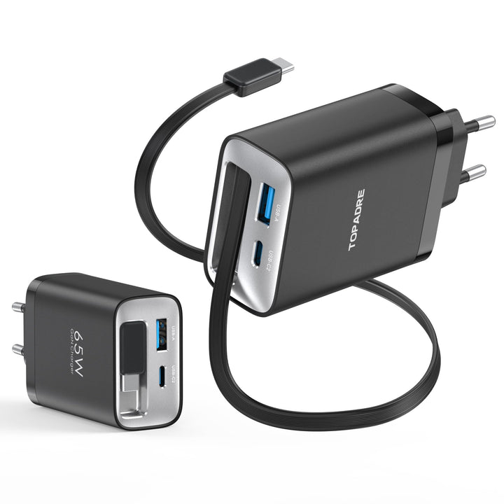 TOPADRE 65W USB C Ladegerät mit 85CM Einziehbares Ladekabel, 3-Port Schnellladegerät USB C Netzteil
