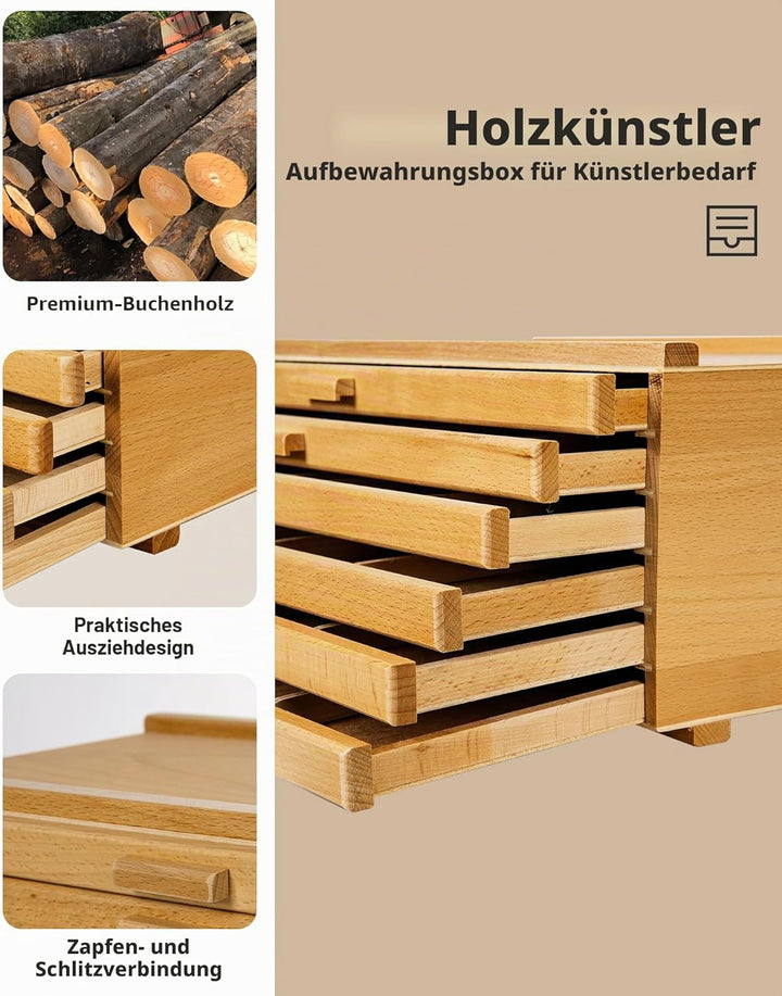 DJAR Grosse Kunst Aufbewahrungsbox mit 6 Schubladen, Tragbares Buchenholz Kunst Suppiles Organisator
