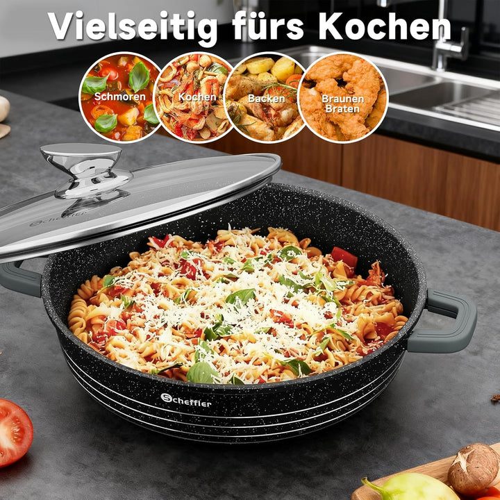 Scheffler Servierpfanne Induktion, 24 x 7 cm Schmorpfanneaus Aluminiumguss, Pfanne Bratpfanne mit Ma