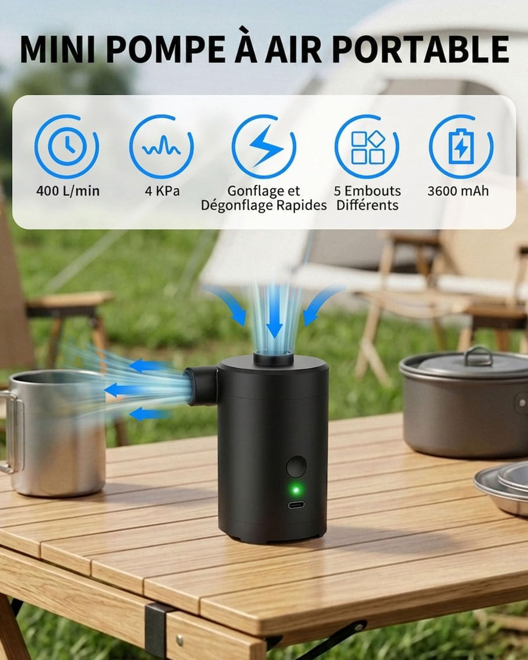 Elektrische Luftpumpe für Luftmatratze,3600mAh Akku Wiederaufladbar,Schnelles Auf- und Abpumpen,mit