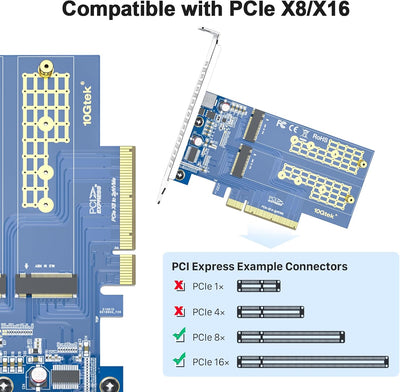 PCIe 3.0 to NVMe (2) M.2 Adapter for M.2 (M Key) SSD, PCIe X8, Requires Motherboard BIOS Support for